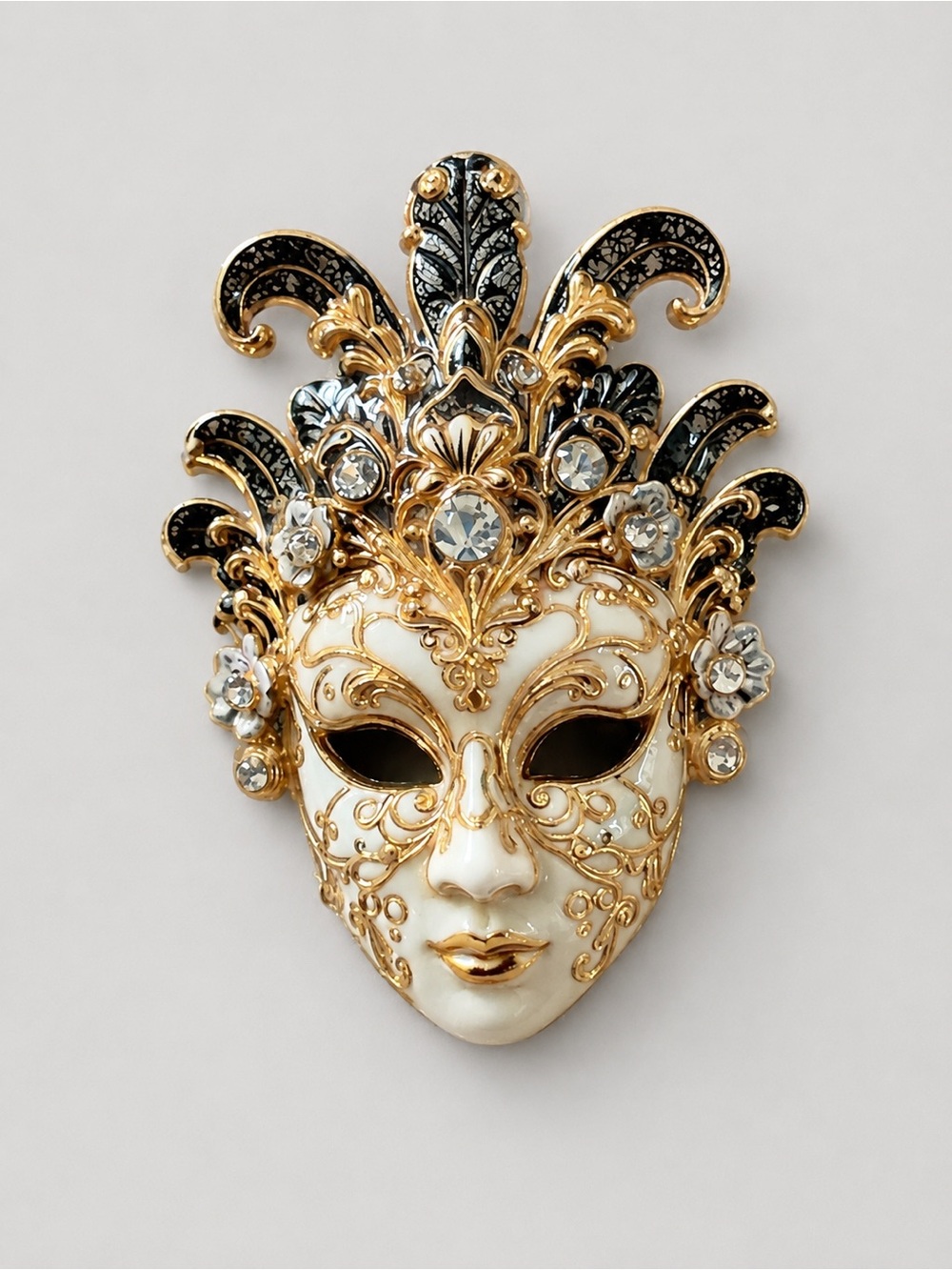 Source Unknown Gold, Black and White Venetian Mask Brooch with Crystal Accents